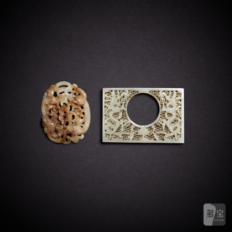 Two white jade reticulated 'dragon' plaques, Ming dynasty | 明 白玉鏤雕龍紋牌兩件
